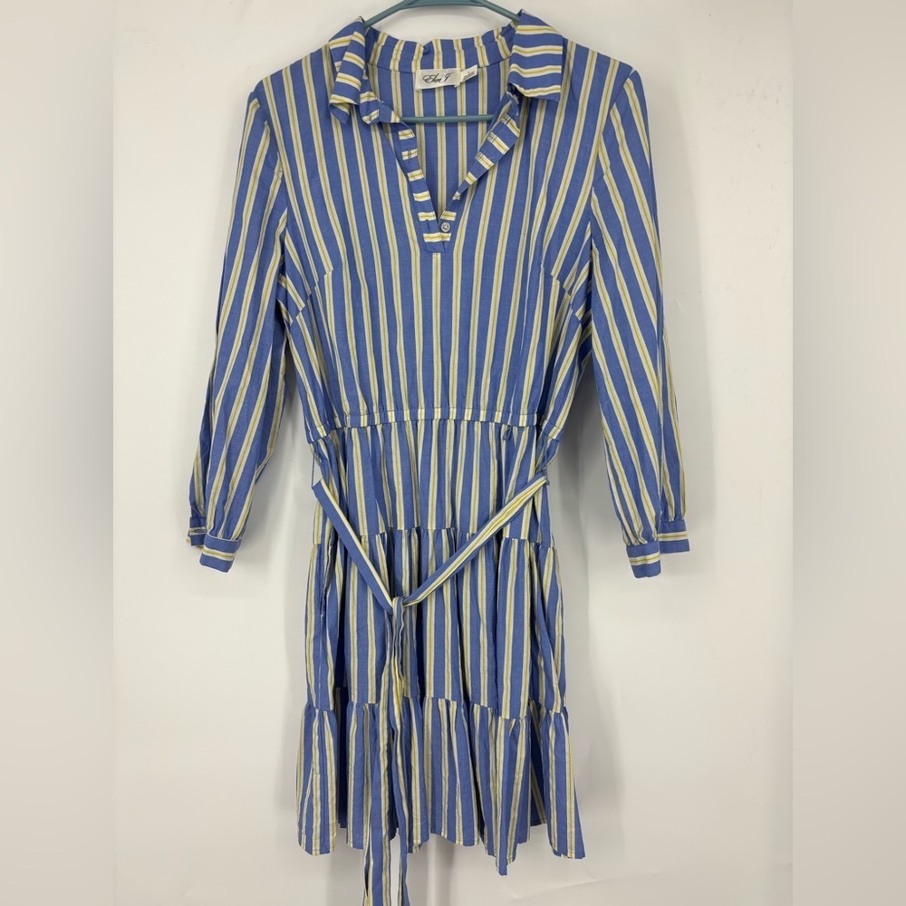 NWOT Eliza J Cotton Striped Belted Dresss Blue Yellow 8